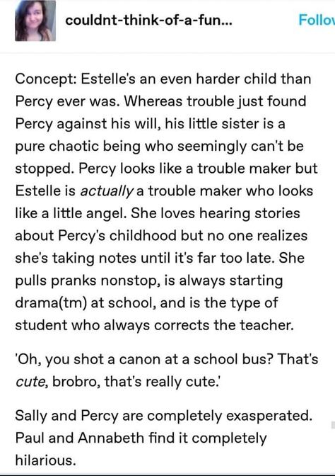 Headcanon accepted 🤣! And I can totally see Estelle calling Percy brobro that's too sweet 😆! Percy Annabeth And Estelle, Estelle Percy Jackson, Estelle Blofis Headcanons, Percy Jackson Headcannons Gabe, Blitzstone Headcanon, Percico Headcanon, Percy Jackson And Estelle, Percy Jackson Estelle, Percy And Estelle Headcanon