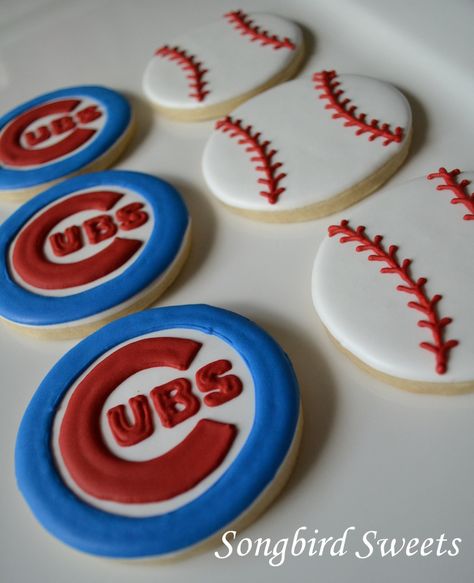 Chicago Cubs Cookies Decorated, Cubs Cookies Decorated, Cubs Cookies, Chicago Cubs Birthday Party, Chicago Cubs Birthday, Cubs Birthday Party, Baseball Snacks, Baseball Cookies, Baseball Crafts