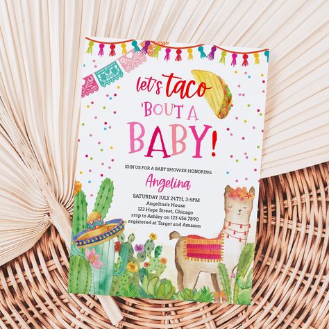 "Let's Taco Bout a Baby baby shower invitation template. Featuring adorable taco, llama and cactus illustrations - includes an optional back design. Edit using the free Corjl app - try before you buy - demo link below. All text is editable. ★ MATCHING ITEMS (SOLD SEPARATELY) https://etsy.me/3YyY6aI ★ WHAT'S INCLUDED Invitation Template 5x7\" - front and optional back design included ★ TRY BEFORE YOU BUY - FREE DEMO! Copy + Paste the URL below into your browser: https://www.corjl.com/d/CHMP4 ★ ENVELOPES Fits A7 (5 ¼ x 7 ¼ \") envelopes ★ EDIT, DOWNLOAD AND PRINT -Within minutes of making your purchase you'll receive an email from Corjl with a link to your templates. -Edit your template with your details -Download and print -You CANNOT change the size or orientation of the template -You CANN Let’s Taco Bout A Baby, Taco Bout A Baby, Taco Baby Shower Ideas, Taco Bout A Baby Shower Ideas, Mexican Baby Shower, Cactus Illustration, Baby Sprinkle Invitations, Business Invitation, Sprinkle Invitations