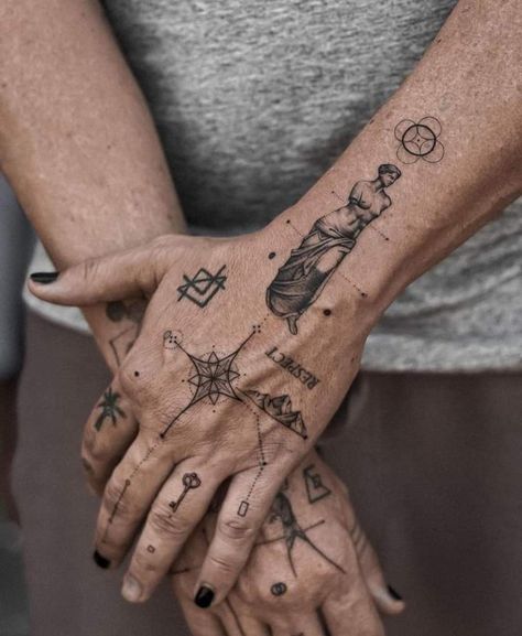 Tattoo, hand, birds, roman, key, compass, greek Small Tattoo Ideas For Men, Rip Tattoos For Mom, Forearm Cover Up Tattoos, Half Sleeve Tattoos Forearm, Patchwork Tattoo, Number Tattoos, Small Forearm Tattoos, Clever Tattoos, Geometry Tattoo