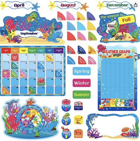 Your class will love this under the sea themed decor! It will have you all remembering the fun in the sun to come! Find this on Amazon! Sea Bulletin Board, Calendar For School, Pocket Chart Calendar, Sea Themed Decor, Ocean Bulletin Board, Weather Graph, Calendar Bulletin Boards, Halloween Date, Ocean Theme Classroom