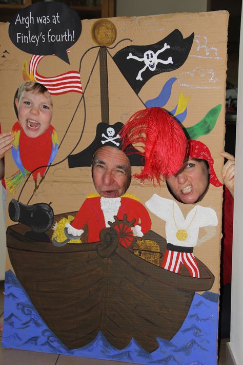 Peter Pan pirate party DIY photo booth- painted with my son's acrylic paints on to cardboard with signs cut using Zing Pirate Decorations Diy, Pirate Photo Booth, Diy Party Photo Booth, Pirate Pictures, Pirate Party Decorations, Pirate Photo, Carnival Decorations, Pirate Decor, Anniversaire Diy