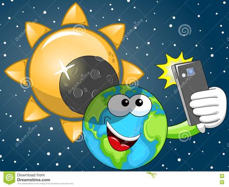 Cartoon Earth Selfie Solar Eclipse Stock Vector - Image: 74573380 Solar Eclipse Clipart, Eclipse Illustration, Cartoon Selfie, Earth Cartoon, Eclipse Ideas, Eclipse Activities, Cartoon Earth, Earth Cycles, Solar Eclipse Activity