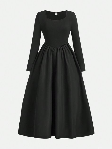 Black Casual Collar Long Sleeve Polyester Plain A Line Embellished Non-Stretch,Medium Stretch  Teen Girls Clothing Long Sleeve Black Dress Teen, Black Full Sleeve Dress, Choir Uniforms, Teen Dresses, Simple Evening Dress, Full Sleeves Dress, Grey Long Dress, Girls Winter Dresses, Trendy Outfits Indian