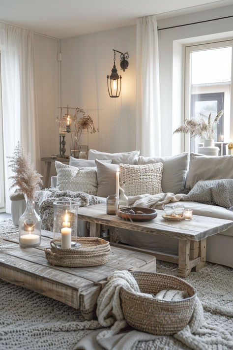 Create a warm and welcoming apartment living room with farmhouse chic style. Opt for distressed wood, shiplap walls, and comfy sofas. Use earthy colors and cozy throws to enhance the inviting atmosphere. Complete the look with charming farmhouse accents. #CozyFarmhouse #LivingRoomInspo #HomeStyle Grey Rustic Living Room Decor, Rustic Neutral Living Room, Farmhouse Living Rooms Ideas, Living Room Style Cozy, Farmhouse Lounge, Country Chic Living Room, Chic Living Room Ideas, Farmhouse Chic Living Room, Apartment Living Rooms