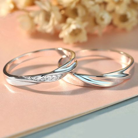 Simple Wave Promise Rings for Couples, 925 Sterling Silver Wedding Ring Band with Cubic Zirconia Diamond Accents, Matching Couple Jewelry Set for Him and Her : iDream Jewelry Silver Ring Design For Couple, Wedding Rings Bride And Groom Silver, Cute Couple Promise Rings, Matching Silver Wedding Rings, Wedding Bands Him And Her, Wedding Rings Silver His And Hers, Wedding Ring Designs Couple Simple, Weddings Rings Couple, Wedding Rings Silver Set