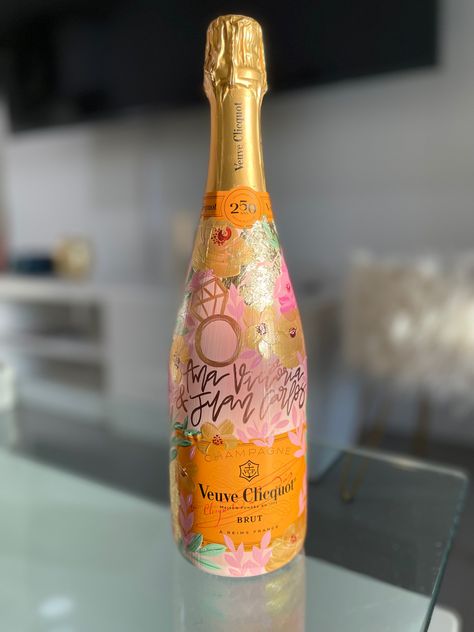 Champagne Bottle Painting Engagement, Painted Veuve Bottle Engagement, Painted Champagne Bottle Engagement, Vueve Champagne Painted, Veuve Painted Bottle, Hand Painted Champagne Bottle Engagement, Wedding Painted Champagne Bottle, Bridal Painted Champagne Bottle, Custom Champagne Bottle