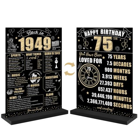 PRICES MAY VARY. [You Will Receive] -1 pcs 75th birthday table signs decorations, including 1pcs Two-sided wooden poster sign (5.9 × 8.3 inches), 1pcs wooden base. Excellent 75 birthday party display decoration. [Back in 1949 Theme] - This set of back in 1949 wooden table signs features a black background paired with the golden numbers "1949" "75" and 1949 historical events. The front and back of the poster sign is different in design, text is clear, which is enough to add highlights to your 75t 85th Birthday Decorations, 100 Birthday Decorations, 75th Birthday Decorations, 90th Birthday Decorations, 80th Birthday Decorations, 70th Birthday Decorations, 60th Birthday Decorations, Birthday Display, 50th Birthday Decorations