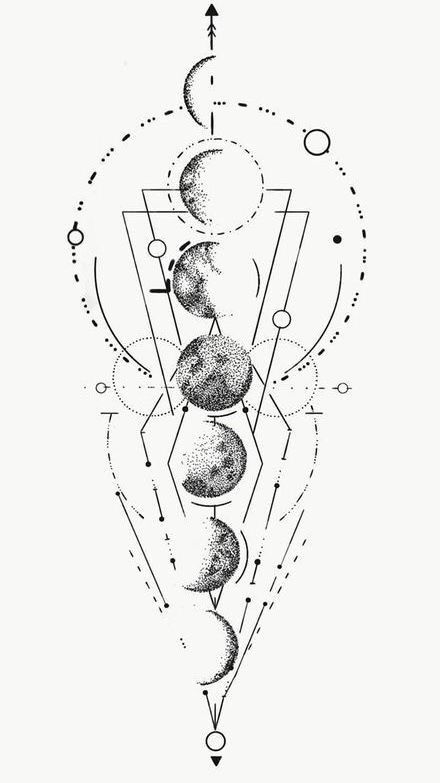 Moon Tattoo Designs For Men Ideas, Moon Tattoo Geometric, Starseed Tattoo, Moon Tattoo Designs For Men, Geometric Universe Tattoo, Cycle Tattoo, Moon Cycle Tattoo, Groot Tattoo, 42 Tattoo