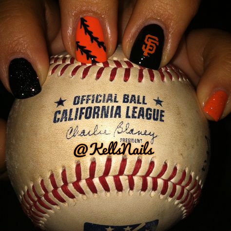 Nails San Francisco Giants Nails, Sf Giants Nails, Black And Orange Nails, Sns Nails Designs, Baseball Nails, Pink Nail Colors, Nail Designs Pictures, Gelish Nails, Giants Baseball