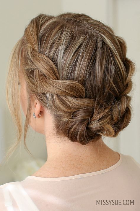 Formal Braid Medium Hair, Low Bridal Updo With Braid, Hair Styles In Summer, Low Braid Updo, Bridesmaid Hairstyles Low Bun With Braid, Double Braid Low Bun, Bridesmaid Hairstyles Short Hair Up Dos, Low Braided Updo, Prom Hairstyles For Hair Medium