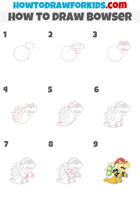 Bowser Drawing, Mario Painting, How To Draw Mario, Easy Drawing Tutorial, Graffiti Doodles, Drawing Tutorials For Kids, Easy Drawings For Kids, Hand Crafts For Kids, Have A Good Time