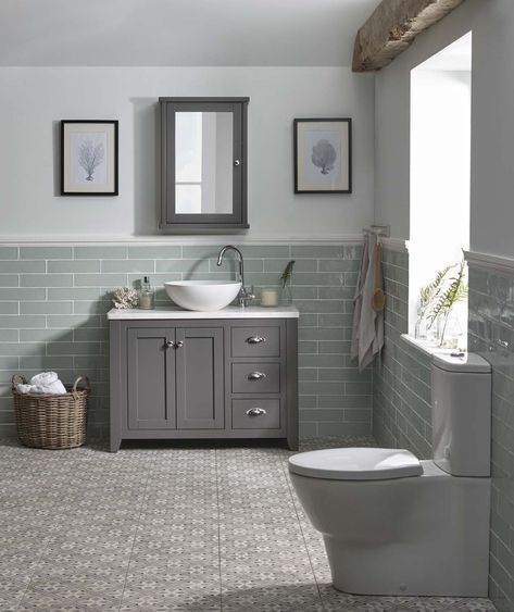 Traditional Tiled Bathrooms, Grey And Mint Bathroom, Green Ensuite Bathroom Ideas, Mizzle Bathroom, Traditional Shower Room, Grey Green Bathroom Ideas, Grey Green Bathroom, Grey And Green Bathroom Ideas, Grey And Green Bathroom