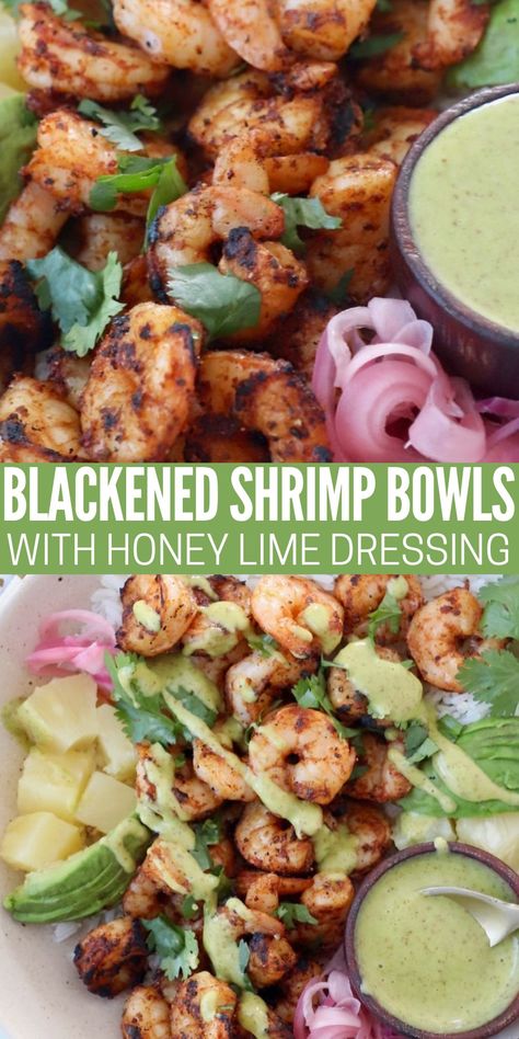 Blackened Shrimp is easy to make and delicious when paired with coconut rice and honey lime dressing in these scrumptious, gluten free bowls! Gluten Free Bowls, Shrimp Rice Bowl Recipe, Gluten Free Shrimp Recipes, Seafood Bowl, Healthy Coconut Shrimp, Gluten Free Bowl, Shrimp Bowls, Honey Shrimp, Shrimp Bowl