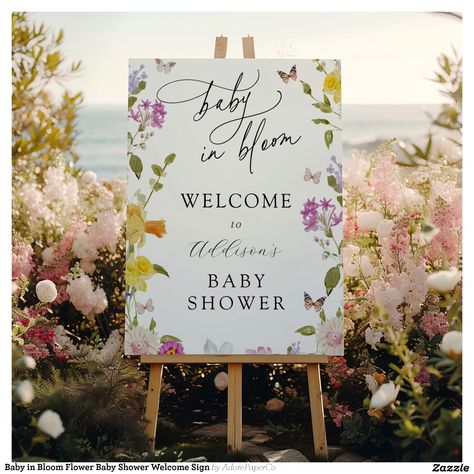 Create your own Foam Boards | Zazzle Baby In Bloom Welcome Sign, Baby Shower At Home Set Up, Baby In Bloom Sign, Girly Baby Shower Themes, Flower Baby Shower Theme, Bloom Theme, Welcome Text, Flower Baby Shower, Wildflower Baby Shower