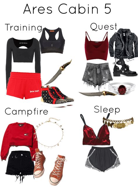 Ares Cabin 5 girls Percy Jackson Ares Cabin, Percy Jackson Outfits Cabins, Pjo Outfits, Ares Cabin, Cabin Outfits, Ares Aesthetic, Cabin Outfit, Percy Jackson Cabins, Percy Jackson Outfits