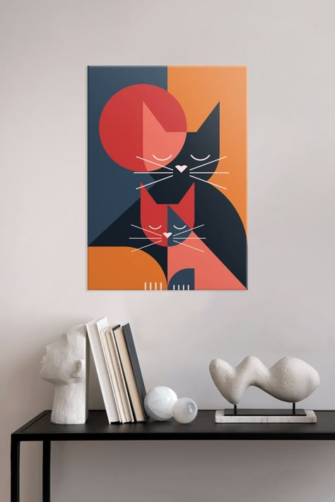 Illustration In Geometric Flat Style.. Displate is a one-of-a-kind metal poster designed to capture your unique passions. Sturdy, magnet mounted, and durable – not to mention easy on the eyes! Cat Silhouette Painting, Cat Abstract Painting, Abstract Cat Painting, Cat Canvas Painting, Abstract Cat Art, Abstract Cats, Boho Canvas Art, Vinyl Art Paint, Mixing Paint Colors