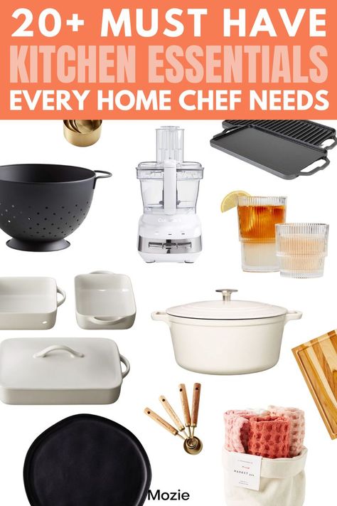 Over the years, we've made note of all the kitchen essentials we swear by having in our kitchen. Whether you're moving into an apartment or are looking for some new gadgets to add to your kitchen, these 20+ must have kitchen essentials are the best of the best! Chef Essentials, Apartment Kitchen Ideas Design, Needs List, Kitchen Essentials Checklist, Airbnb Kitchen, First Apartment Kitchen, Apartments Kitchen, Minimalist Kitchen Essentials, Apartment Must Haves