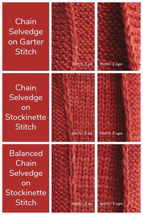 The chain selvedge, also known as the slip-stitch selvedge, forms a tidy decorative edge that's perfect for visible edges in your knitting. Stitches can be slipped knitwise or purlwise, with yarn held in front or in back of the work. In addition, the stitches can be placed at either the beginning or the end of the row. Each of these variations will have a slightly different effect on the appearance of the selvedge. Let's look at a few options so you can match the right selvedge to the project! Selvedge Edge Knitting, Edge Stitch Knitting, Stockinette Stitch Scarf, Knitting Embellishments, Knitting Edges, Garter Stitch Scarf, Slip Stitch Knitting, Knit Techniques, Knitting 101