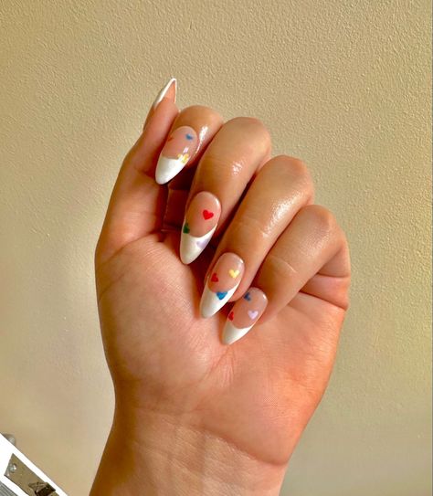 Pride nails Pride Heart Nails, Pride Nails Subtle, Subtle Pride Nails Short, Rainbow Heart Nails, Subtle Pride Nails, Heart French Tip, Nails Ideas Short, Pride Nail, White French Tips