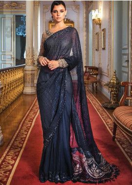 Maria B Saree, Navy Blue Saree, Chiffon Collection, Maria B, Blue Saree, Dress Order, Pakistani Dress Design, Organza Saree, Chiffon Saree