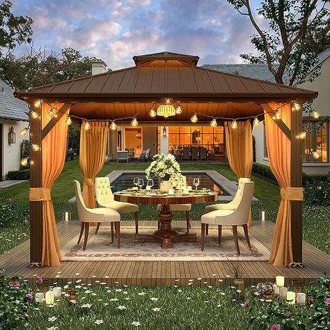 This patio gazebo has a double-layer galvanized steel roof that offers great ventilation and airflow. Its sturdy construction provides protection against wind, rain, and snow, while the galvanized steel material ensures thermal insulation, waterproofing, and noise reduction. Permanent Gazebo, Gazebo Roof, Canopy Tent Outdoor, Steel Roof, Hardtop Gazebo, Metal Pergola, Backyard Gazebo, Outdoor Gazebos, Gazebo Pergola