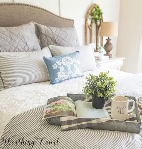 Why You Should Be Decorating With Trays And How To Do It | Worthing Court Bed Tray Decor Ideas, Bed Tray Decor, Tray On Bed, Fantasy Bedrooms, Bed Trays, Staging Photos, Guest Room Makeover, Farmhouse Guest Bedroom, Guest Ideas