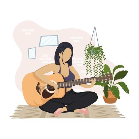 Woman Playing Guitar, Guitar Art Painting, Study At Home, Guitar Artwork, Guitar Drawing, Music Illustration, Cute Animal Drawings Kawaii, Guitar Art, Dance Art