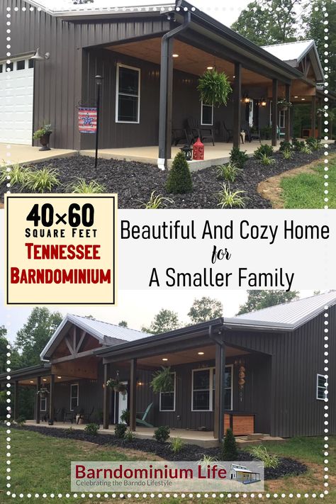 This 40×60 Tennessee Barndominium has approximately 1300 square feet living space on the ground level, and another 400 square feet upstairs. The other half is a garage.  Owned by Aaron and Abby Mathis, this barndo has one of the simplest layouts yet has a very charming indoor design. Metal Building House Plans, Metal House Plans, Steel Building Homes, Barn Homes Floor Plans, Metal Building Home, Barndominium Plans, Pole Barn House Plans, Barn Style House Plans, Barndominium Floor Plans