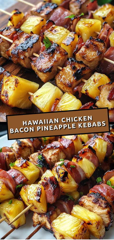 Grill up these tropical chicken, bacon, and pineapple kebabs, bursting with sweet and savory flavors—perfect for a fun and flavorful meal!

Ingredients:

1 lb chicken breast, cubed
12 slices bacon, halved
1 cup fresh pineapple chunks
½ cup teriyaki sauce
These juicy kebabs combine tender chicken, crispy bacon, and sweet pineapple, all glazed with a tangy teriyaki sauce—a delicious taste of the tropics! Chicken Kebab Side Dishes, Chicken And Pineapple Kabobs, Recipe With Pineapple Chunks, Teriyaki Pineapple Chicken, Tropical Chicken, Bacon Pineapple, Steak Kabobs, Chicken Crispy, Kebabs On The Grill