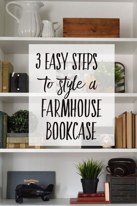 Farmhouse Bookshelf Decor, Farmhouse Bookshelves, Farmhouse Bookcase, Farmhouse Bookcases, Farmhouse Bookshelf, Styling A Bookcase, Farmhouse Shelves Decor, Styling Bookshelves, Room Bookshelf