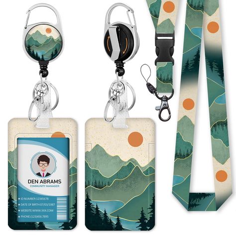 PRICES MAY VARY. 【Unique Design】The breakaway ID badge lanyard features a vibrant design, sunrise sunset mountain pattern shows a beautiful scene. The vivid colors and unique design not only catch the eye but also add a stylish decoration to your outfit. 【Multi-function ID Badge Lanyard】The lanyards for id badges includes a breakaway and detachable lanyard for keys, a vertical id badge holder and a retractable badge reel with 360° rotate carabiner clip, which is easy to use and flexible. To inse Id Badge Design, Card Holder Design, Name Tag Lanyards, Mountain Pattern, Name Tag Design, Mountain Tree, Card Name, Merch Design, Badge Lanyard