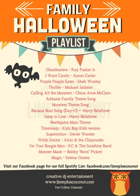 Halloween Playlist for kids parties by lime+coconut creative entertainment (http://www.limepluscoconut.com) Halloween Party Ideas For Kids, Halloween Playlist, Halloween Class Party, Halloween Songs, Halloween Dance, Party Ideas For Kids, Halloween Music, Halloween Bash, Halloween Party Games