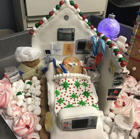 Gingerbread House Ideas Contest Funny, Medical Gingerbread House Ideas, Gingerbread House Hospital Theme, Gingerbread Hospital Ideas, Hospital Gingerbread House Ideas, Hospital Gingerbread House, Gingerbread Hospital, Creative Gingerbread House Ideas, Gingerbread Contest