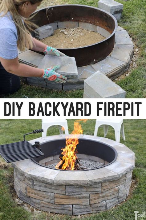 DIY Backyard Fire Pit - Her Tool Belt Fire Pit With Fire Ring, Fire Pit Ring Ideas Backyard, Build Your Own Fire Pit, Diy Fire Ring Ideas, Fire Ring Fire Pit, Firepits Backyard Ideas Diy, Diy Bonfire Pit, Fire Pit Surround Ideas, Fire Pit Ideas Backyard Diy Projects