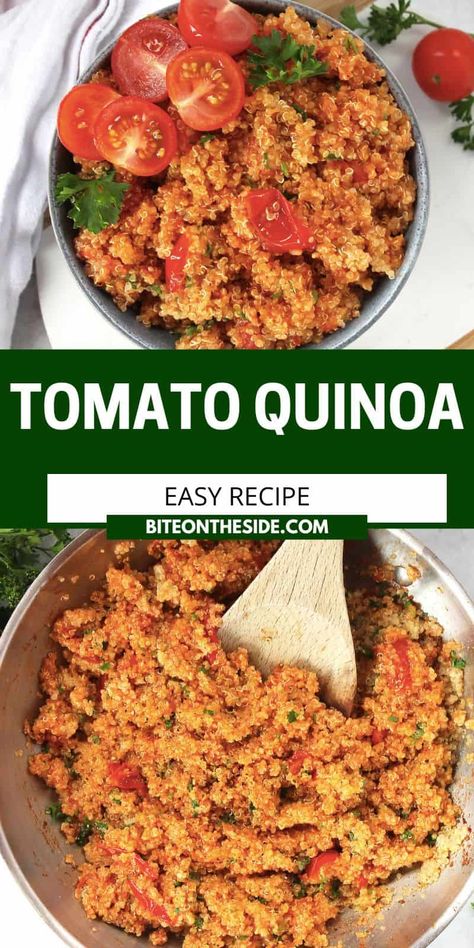 Quinoa And Tomato Recipes, Tomato Rice Side Dish, Meal Prep Tomato, Sun Dried Tomato Quinoa, Roasted Tomato Quinoa, Easy Dinner Recipes With Cherry Tomatoes, Quinoa Tomato Recipes, Tomato Basil Quinoa, Quinoa With Tomatoes