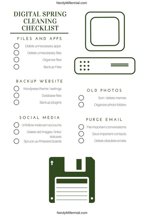 Digital spring cleaning checklist for bloggers - organize your digital life! - Nerdy Millennial Phone Clean Out List, Academic Organization, Digital Decluttering, Digital Declutter, Digital Photo Organization, Digital Minimalism, Declutter Checklist, Spring Cleaning Checklist, Digital Organization