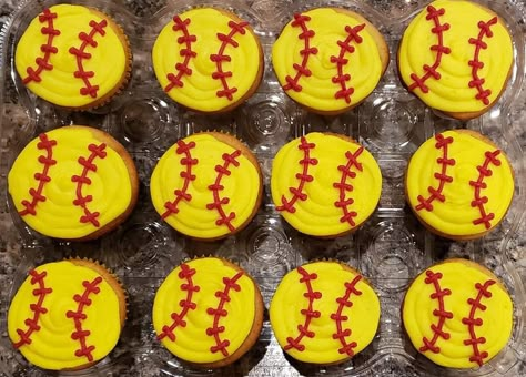 SOFTBALL CUPCAKES  Batter up and step up to the plate! We have a birthday to celebrate! Let the fields and all that is in them be full of joy.-Psalm 96:12 Forheavenscakes2016@gmail.com Softball Birthday Cupcakes, End Of Year Softball Party, Baseball/softball Birthday Party, Softball Sheet Cake, Softball Potluck Ideas, End Of The Year Softball Party Ideas, Softball Dessert Ideas, Softball Bake Sale Ideas, End Of Season Softball Party Ideas