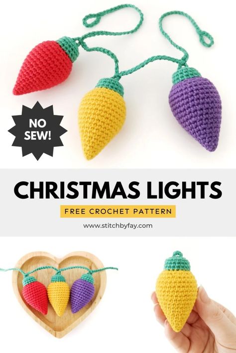 Crochet Christmas Lights Pattern, Crochet Pointsetta Pattern, Christmas Snowflake Crochet, Christmas Lights Crochet Pattern, Christmas Crochet Lights, Crochet Christmas Lights Free Pattern, Easy Crochet Christmas Garland, Crochet Christmas Decorations Easy, Simple Crochet Christmas Gifts