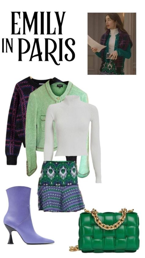 Emily in Paris outfit with purple heels boots, green bag, green skirt, green Chanel jacket, white top Emily In Paris Inspired Outfits, Green Chanel, Emily In Paris Outfits, Paris Green, Academia Outfits, Paris Inspired, Purple Heels, Chanel Jacket, Emily In Paris