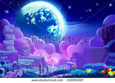 Illustration: The Other planet's Environment. Realistic Cartoon Style. Sci-Fi Scene / Wallpaper / Background Design. Realistic Cartoon Style, Alien Landscape, Wallpaper Background Design, Realistic Cartoons, Scene Wallpaper, Alien Planet, Futuristic Art, Creative Illustration, Fantasy Art Landscapes