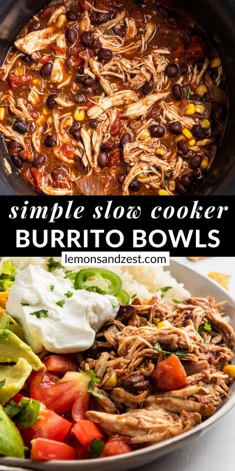 Burrito Bowl In Crockpot, Burrito Slow Cooker, Chicken Burrito Slow Cooker, Crockpot Chicken Protein, Crockpot Recipes Burrito Bowl, Pulled Chicken Taco Bowl, Slow Cooker Chicken Burrito Bowl Recipe, Healthy Crockpot Burrito Bowl, Healthy Shredded Chicken Recipes Crockpot