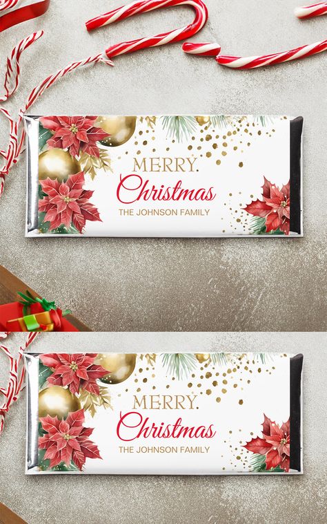 Christmas dinner party favors red poinsettia gold baubles personalized hershey bar candy favors Christmas Favors Ideas, Dinner Party Favors, Gold Baubles, Ideas Navidad, Christmas Dinner Party, Red Poinsettia, Chocolate Bar Wrappers, Hershey Bar, Christmas Favors