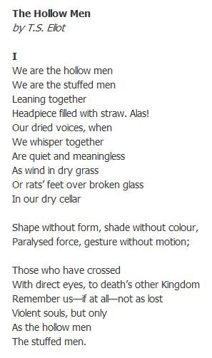 The Hollow Men from The Wasteland by T.S. Eliot The Hollow Men Ts Elliot, The Wasteland Ts Eliot, Ts Elliot, Adrian Veidt, Witch Wife, Castle By The Sea, T S Elliot, The Waste Land, Written Poetry