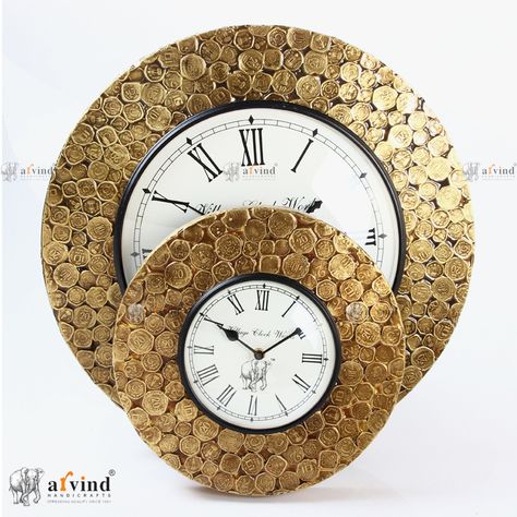 Wooden coin clock wall decor. Wall clock design decor ideas. Decorating ideas for the home. Best home decoration ideas Diy. Handicrafts Indian art and crafts with best quality. Best handmade products supplier. You can find best table decor, home decor, gifting items, wall decor, god idols, figurines, mirror frames, paintings. jewelry, clutches, furniture and many more variety in huge ready stock under one roof at ARVIND HANDICRAFTS. Large Mirrored Wall Clock, Designer Clocks, Wall Clock Design Ideas, Design Decor Ideas, God Idols, Indian Arts And Crafts, Decorating Ideas For The Home, Mirrored Wall, Wall Clock Design