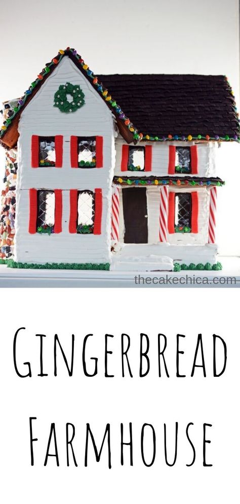 Homemade Gingerbread Farmhouse made with royal icing, fondant, and candy. #gingerbread #gingerbreadhouse #christmasrecipes #farmhouse #thecakechica Gingerbread Farmhouse Ideas, Gingerbread Barn Template, Farmhouse Gingerbread House, Gingerbread House Designs Templates, Gingerbread Farm, Gingerbread Farmhouse, Diy Gingerbread House, Gingerbread House Patterns, Gingerbread House Template