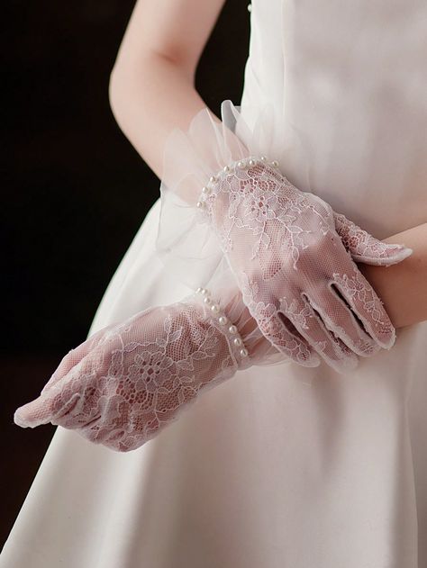 White  Collar  Fabric Colorblock Fingerless Gloves Embellished   Wedding & Event Lace Gloves Aesthetic, Colorful Gloves, Gloves Aesthetic, Bride Gloves, Lace Fingerless Gloves, Dress Fabrics, Pearl Cuff, Wedding Gloves, Bridal Gloves