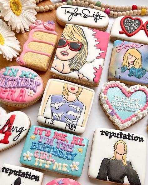 Happy 14th birthday Kamila! I hope you have the best birthday ever💗 I may or may not have blasted Taylor Swift songs while I worked on this special order🤭 . . . #decoratedcookies #sugarcookiesofinstagram #customcookies #edibleart #sugarartist #taylorswift #cookieart 1989 Cookies Taylor Swift, Taylor Swift Cookies Decorated, Taylor Swift Cookies, Swiftie Birthday, Happy 14th Birthday, Fourteenth Birthday, Taylor Swift Cake, Taylor Swift Birthday Party Ideas, Swift Party