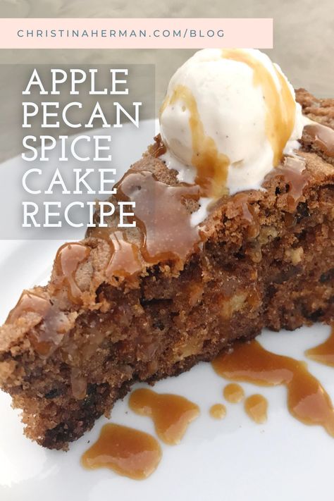 This apple spice cake combines the best parts of autumn--sweet, floral apples, warm spices, crunchy pecans and gooey caramel--into an irresistible, mindblowingly delicious dessert. Company Spice Cake 12 Tomatoes, Apple Pecan Dessert Recipes, Apple And Nuts Cake, Apple Pecan Spice Cake, Gooey Apple Cake, Company Spice Cake, Apple Pecan Dessert, Christmas Apple Desserts, Apple Pecan Recipes