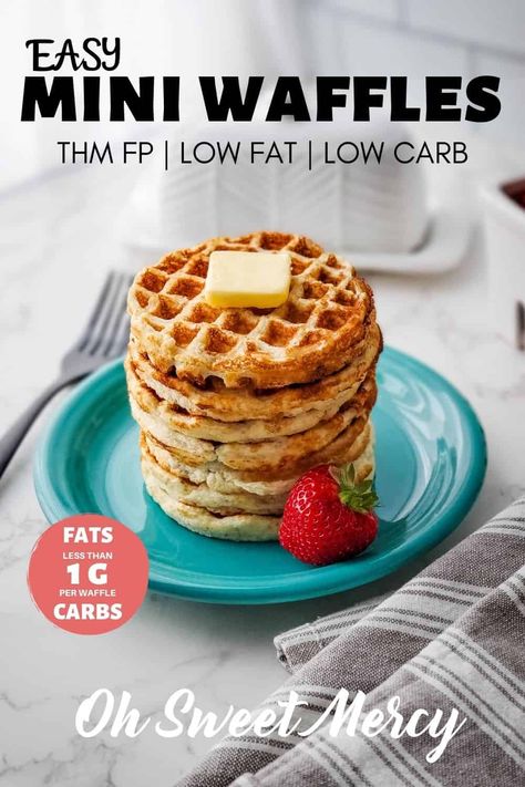 If you're missing waffles, be sad no more! My Easy Mini Waffles are low fat and low carb but still deliver a great waffle experience. A THM FP, they're a versatile addition to your breakfast or snack routine. Freezable and reheats well in the toaster! #thm #lowfat #lowcarb #thmfp #miniwaffles #dashmini @ohsweetmercy E Meals, Trim Healthy Mama Recipes Dinner, Trim Healthy Mama Breakfast, Thm Baking Blend, Trim Healthy Mama Diet, Thm Fp, Fuel Pull, Mini Waffles, Low Carb Waffles